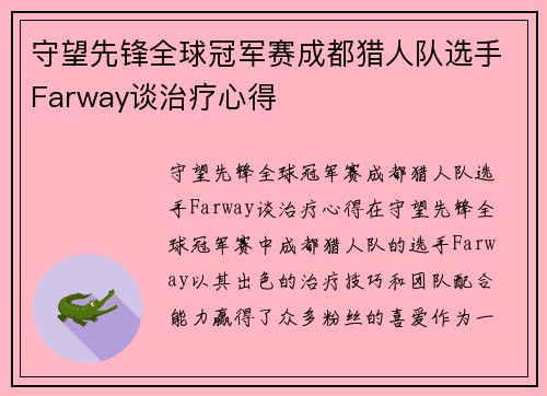 守望先锋全球冠军赛成都猎人队选手Farway谈治疗心得